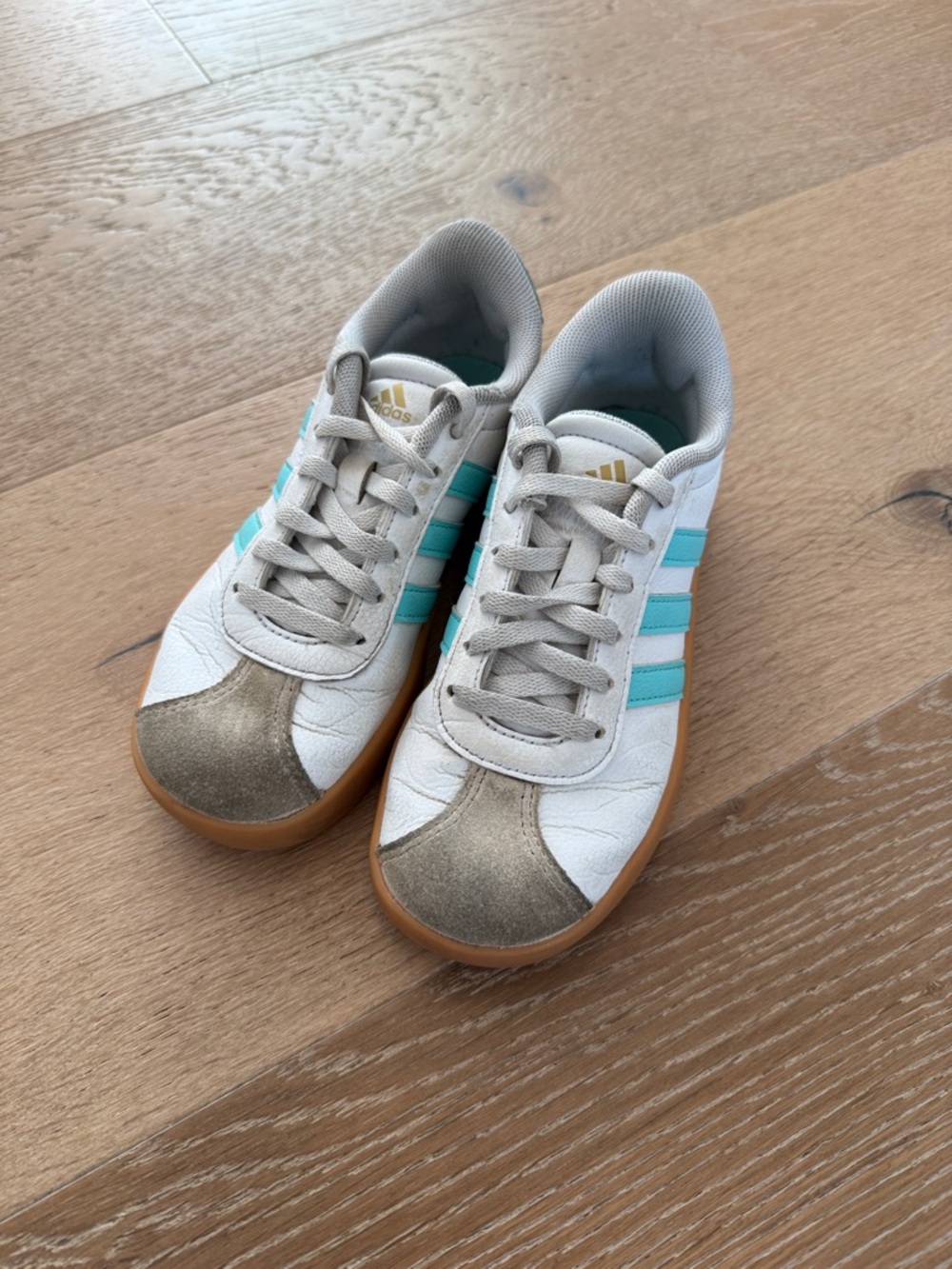 adidas Kids White Sneakers with Aqua Stripes and Gold Toe Cap